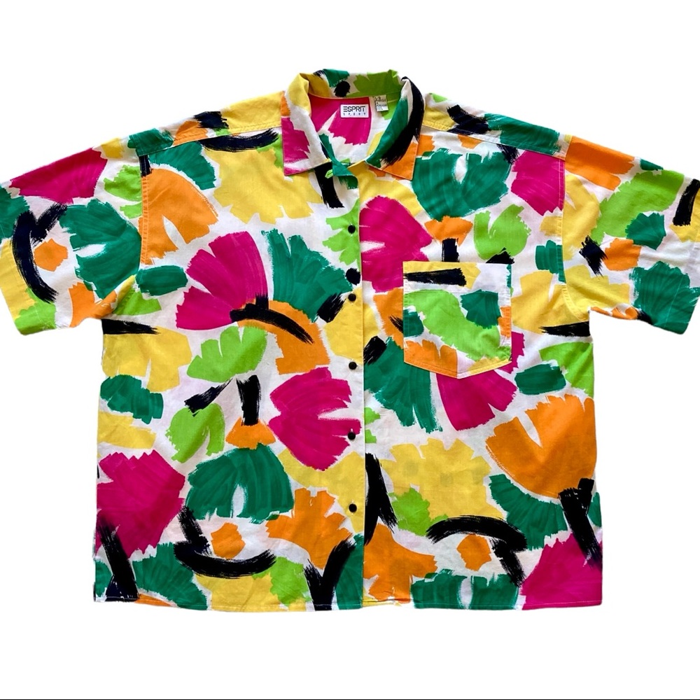 VTG 80s Esprit Paint Patterned Short Sleeve Button Up 🌈